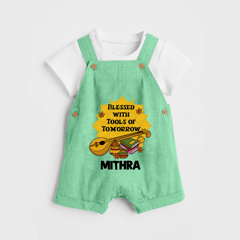 Blessed With Tools of Tomorrow Dungaree Set | Custom Baby Dungaree Set for Ayudha Puja - GREEN - 0 - 5 Months Old (Chest 18")