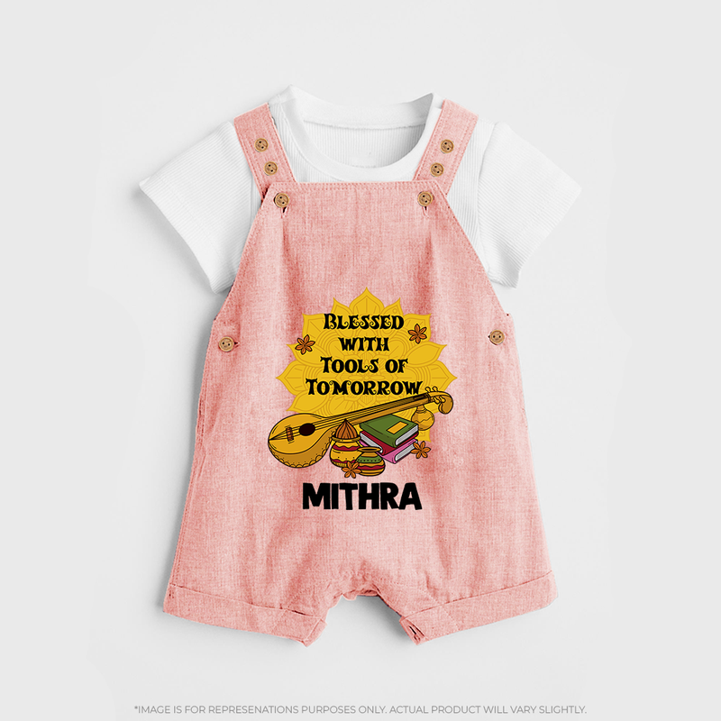 Blessed With Tools of Tomorrow Dungaree Set | Custom Baby Dungaree Set for Ayudha Puja - PEACH - 0 - 5 Months Old (Chest 18")