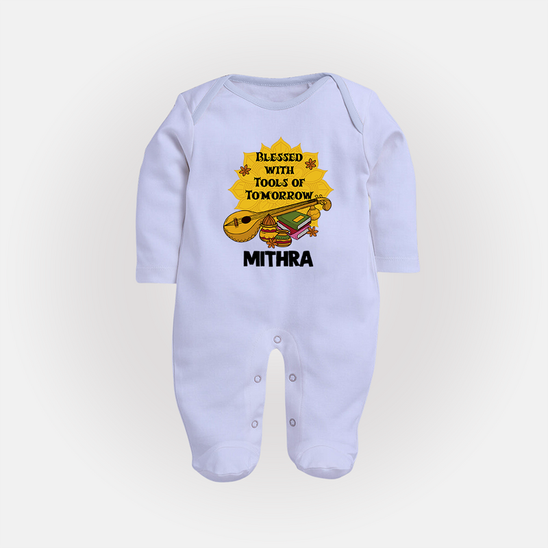 Blessed With Tools of Tomorrow Sleep Suit | Custom Baby Sleep Suit for Ayudha Puja - BABY BLUE - New Born (Chest 7.5")