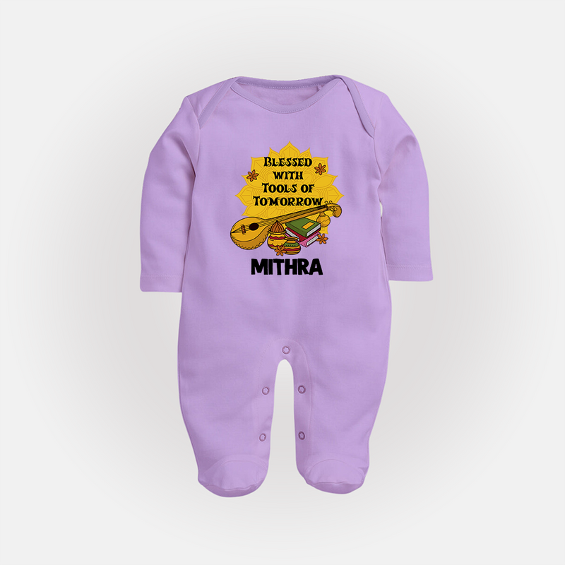 Blessed With Tools of Tomorrow Sleep Suit | Custom Baby Sleep Suit for Ayudha Puja - LILAC - New Born (Chest 7.5")