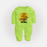 Blessed With Tools of Tomorrow Sleep Suit | Custom Baby Sleep Suit for Ayudha Puja - LIME GREEN - New Born (Chest 7.5")
