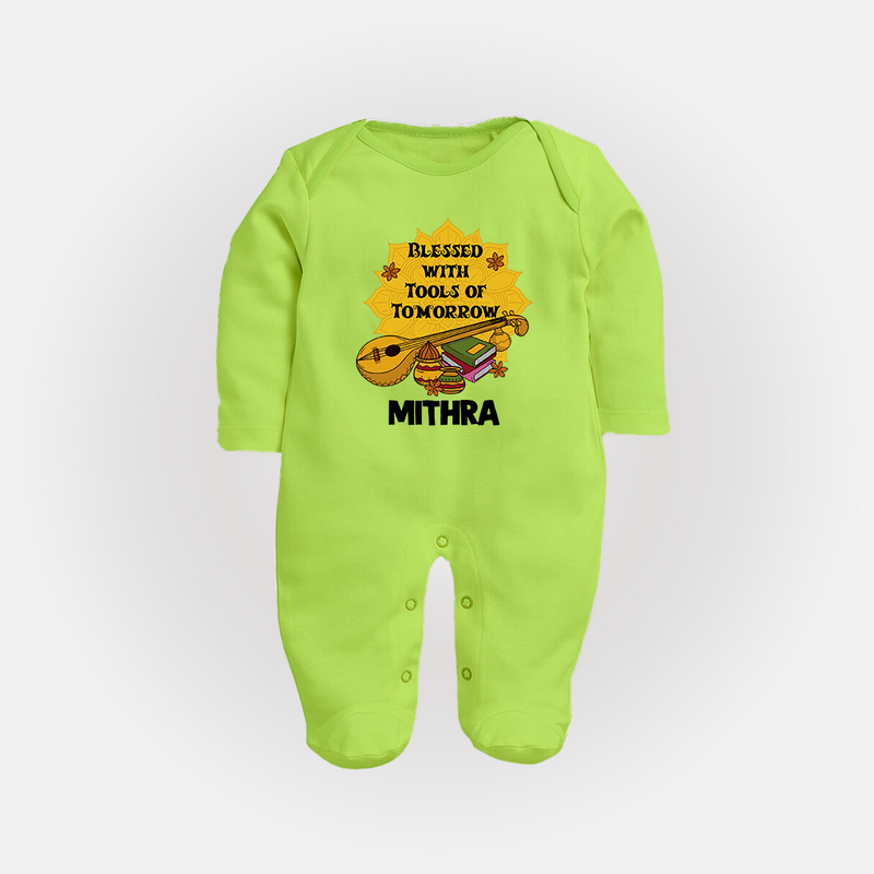 Blessed With Tools of Tomorrow Sleep Suit | Custom Baby Sleep Suit for Ayudha Puja - LIME GREEN - New Born (Chest 7.5")