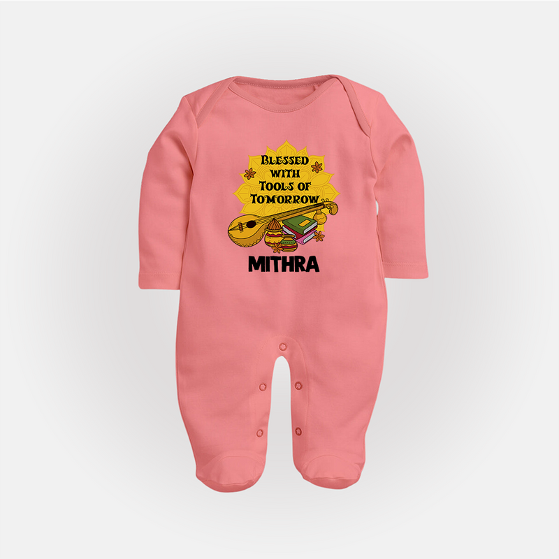 Blessed With Tools of Tomorrow Sleep Suit | Custom Baby Sleep Suit for Ayudha Puja - PEACH - New Born (Chest 7.5")