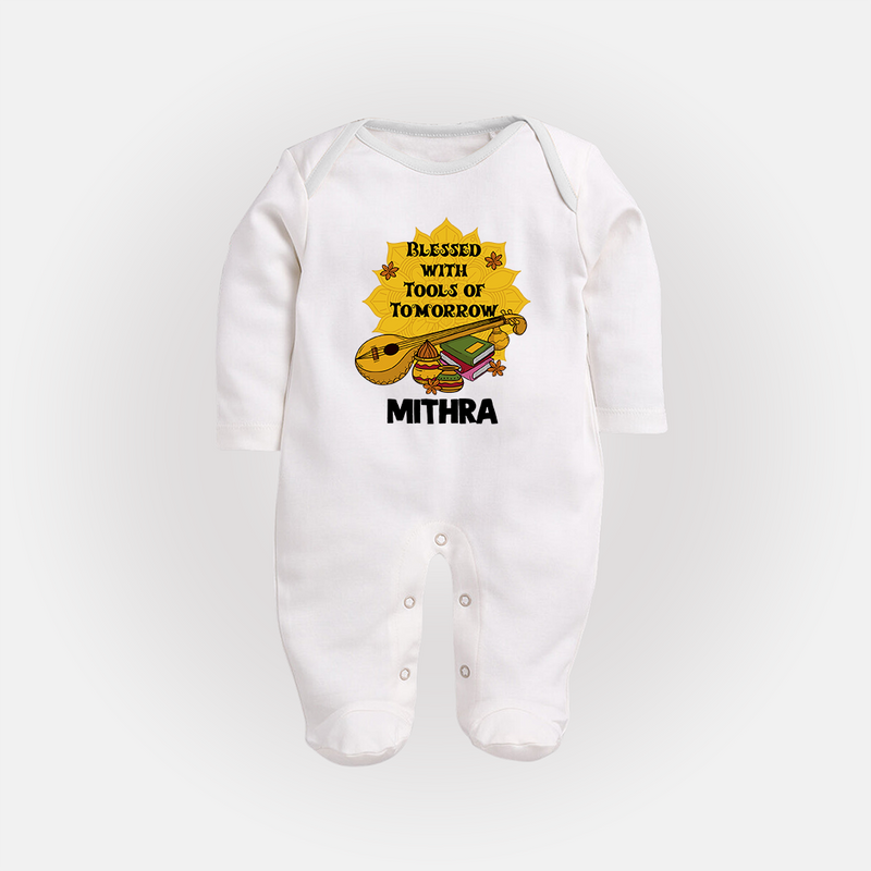 Blessed With Tools of Tomorrow Sleep Suit | Custom Baby Sleep Suit for Ayudha Puja - WHITE - New Born (Chest 7.5")