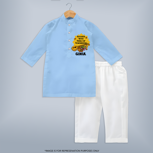 Blessed With Tools of Tomorrow Kurta Set | Custom Baby Kurta Set for Ayudha Puja - BABY BLUE - 3 - 6 Months Old (Chest 24", Kurta Length 14'', Waist 19", Pant Length 14")