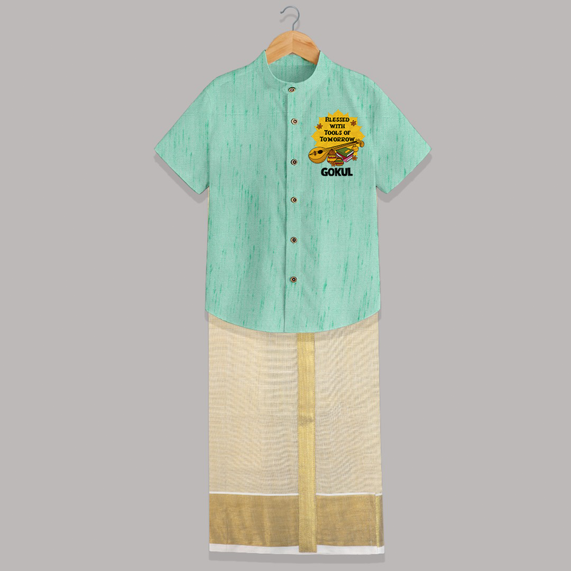 Blessed With Tools of Tomorrow Shirt And Dhoti | Custom Baby Shirt And Dhoti for Ayudha Puja - AQUA GREEN - 0 - 6 Months Old (Chest-23") (Dhoti length-14")