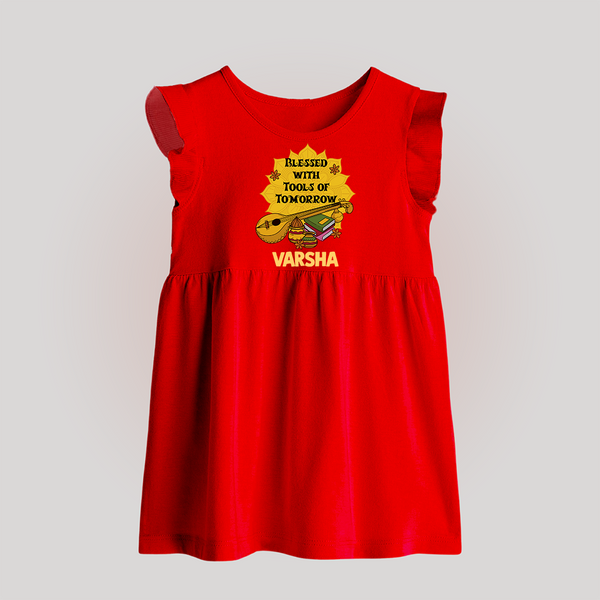 Blessed With Tools of Tomorrow Baby Frock | Custom Baby Frock for Ayudha Puja - RED - 0 - 3 Months Old (Chest 17")