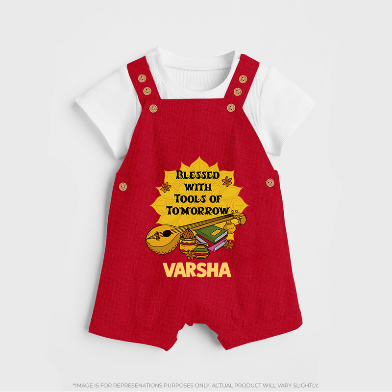 Blessed With Tools of Tomorrow Dungaree Set | Custom Baby Dungaree Set for Ayudha Puja - RED - 0 - 5 Months Old (Chest 18")