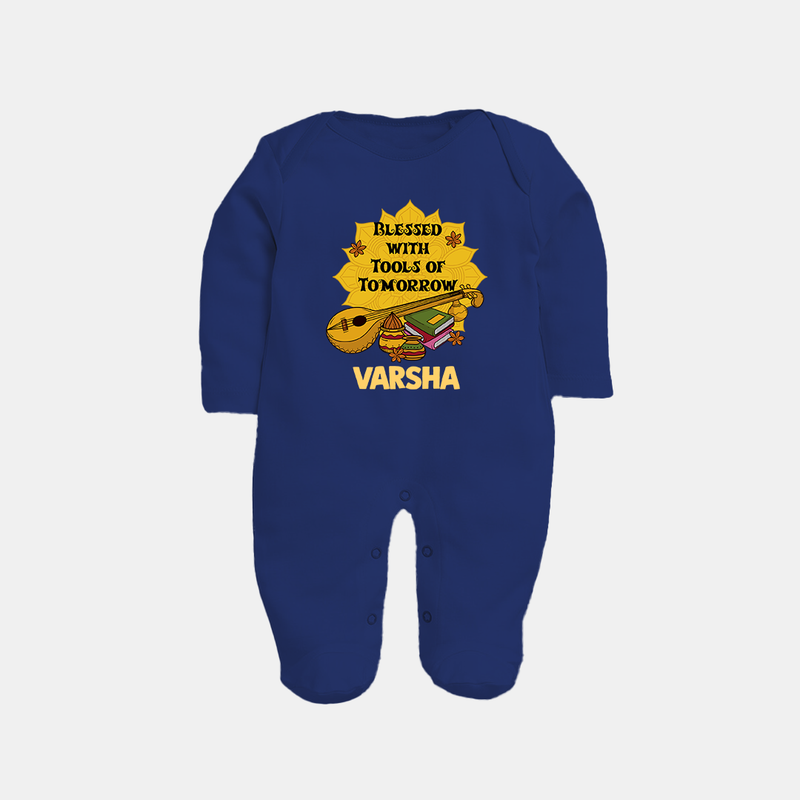 Blessed With Tools of Tomorrow Sleep Suit | Custom Baby Sleep Suit for Ayudha Puja - NAVY BLUE - New Born (Chest 7.5")