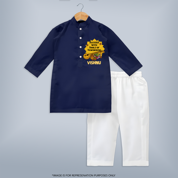 Blessed With Tools of Tomorrow Kurta Set | Custom Baby Kurta Set for Ayudha Puja - NAVY BLUE - 3 - 6 Months Old (Chest 24", Kurta Length 14'', Waist 19", Pant Length 14")