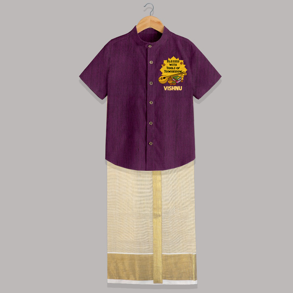  Blessed With Tools Of Tomorrow Shirt and Dhoti - GRAPE - 0 - 6 Months Old (Chest-23") (Dhoti length-14")