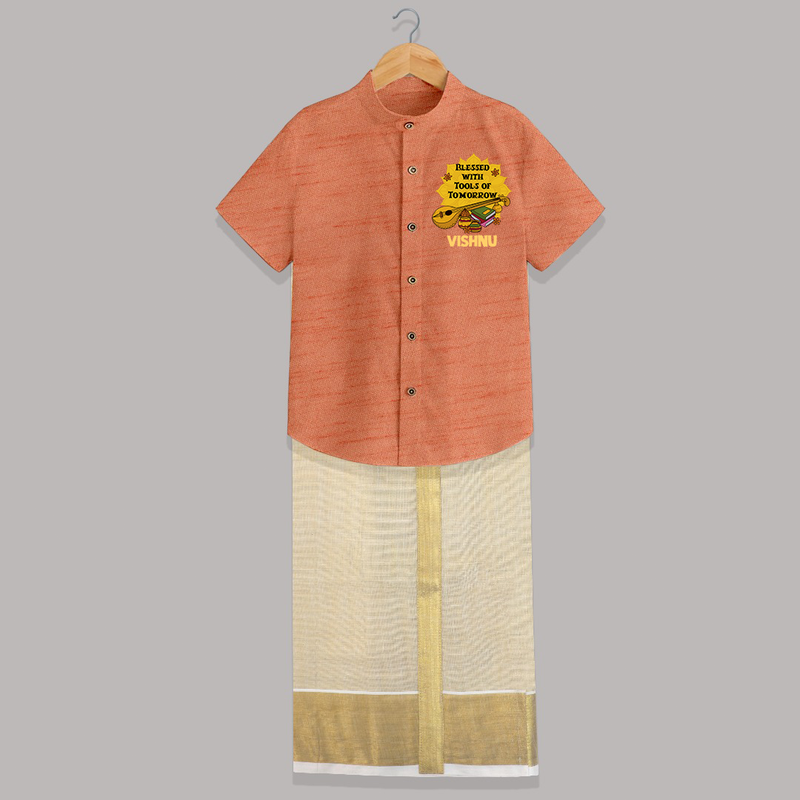 Blessed With Tools of Tomorrow Shirt And Dhoti | Custom Baby Shirt And Dhoti for Ayudha Puja - ORANGE - 0 - 6 Months Old (Chest-23") (Dhoti length-14")