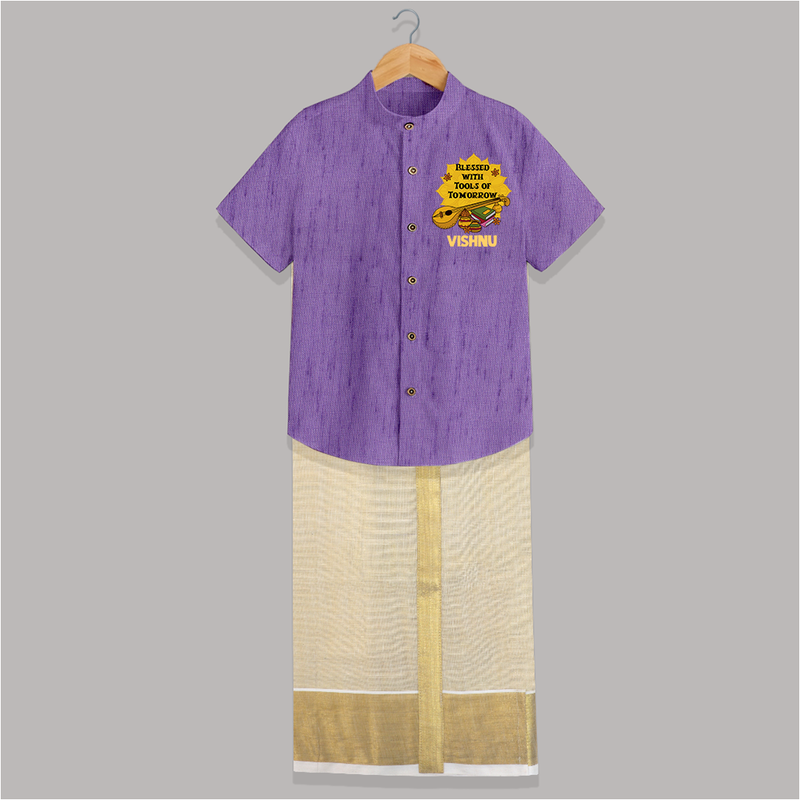 Blessed With Tools of Tomorrow Shirt And Dhoti | Custom Baby Shirt And Dhoti for Ayudha Puja - ROYAL PURPLE - 0 - 6 Months Old (Chest-23") (Dhoti length-14")