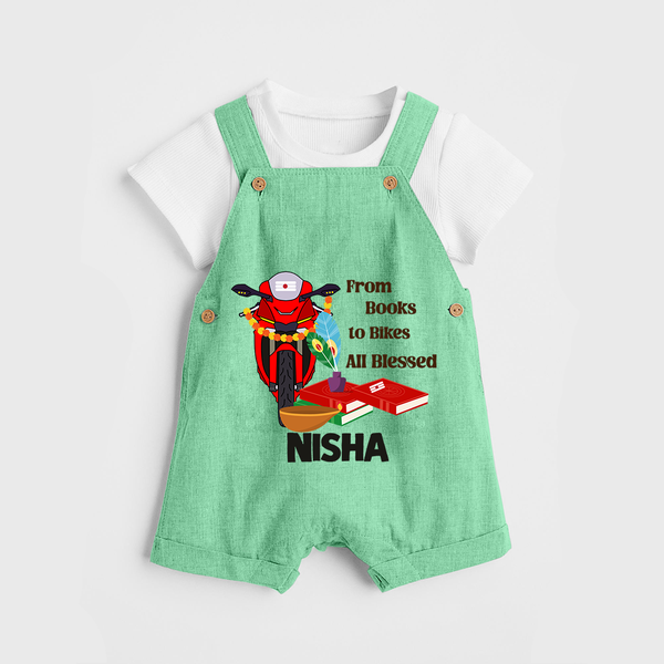 From Books to Bikes All Blessed Dungaree Set | Personalized Baby Dungaree Set for Little Learners - GREEN - 0 - 5 Months Old (Chest 18")