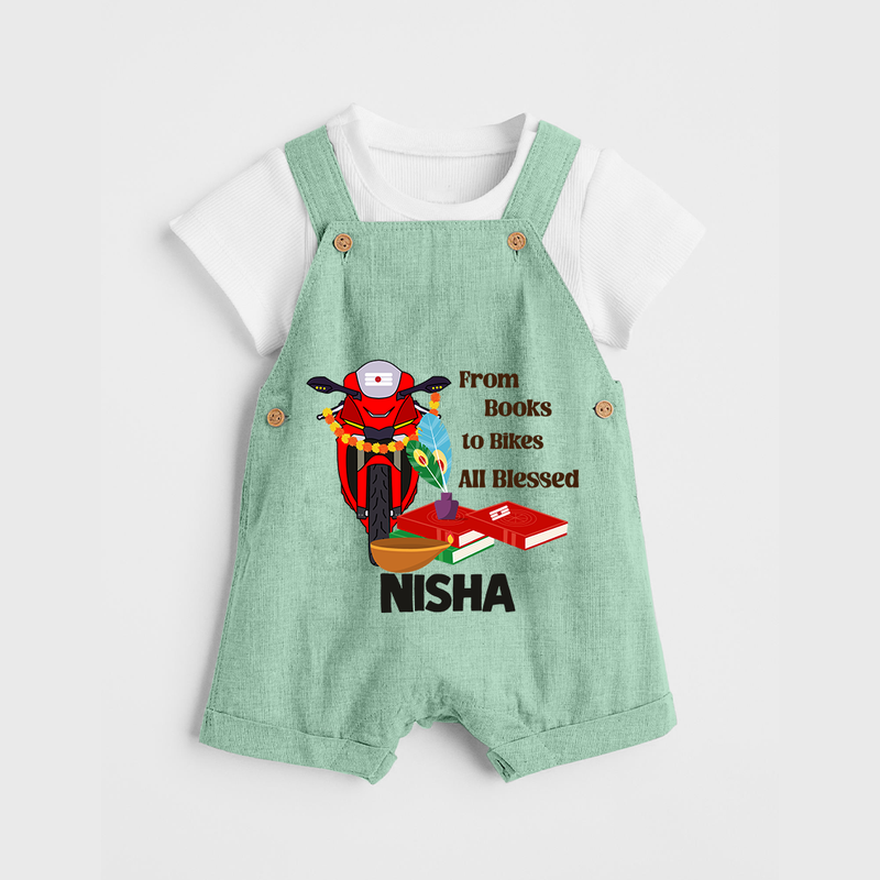 From Books to Bikes All Blessed Dungaree Set | Personalized Baby Dungaree Set for Little Learners - MINT GREEN - 0 - 5 Months Old (Chest 18")