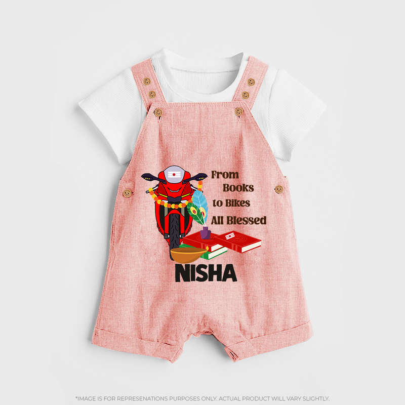 From Books to Bikes All Blessed Dungaree Set | Personalized Baby Dungaree Set for Little Learners - PEACH - 0 - 5 Months Old (Chest 18")