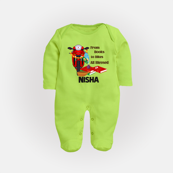 From Books to Bikes All Blessed Sleep Suit | Personalized Baby Sleep Suit for Little Learners - LIME GREEN - New Born (Chest 7.5")