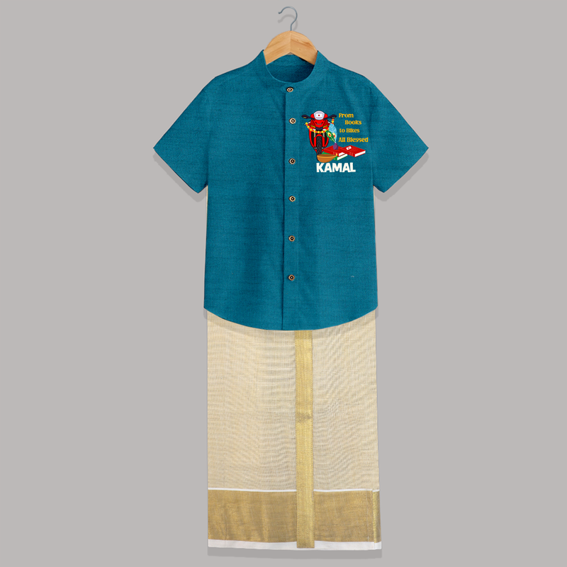 From Books to Bikes All Blessed Shirt And Dhoti | Personalized Baby Shirt And Dhoti for Little Learners - PEACOCK BLUE - 0 - 6 Months Old (Chest-23") (Dhoti length-14")