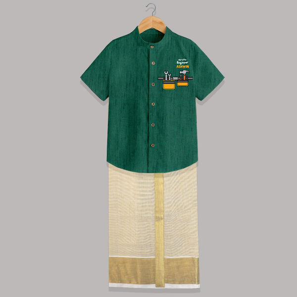  Little Engineer Tool Master Shirt and Dhoti - DARK GREEN - 0 - 6 Months Old (Chest-23") (Dhoti length-14")