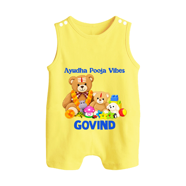 Ayudha Puja Teddy Blessings Button Romper - PASTEL YELLOW - New Born (Chest 18")