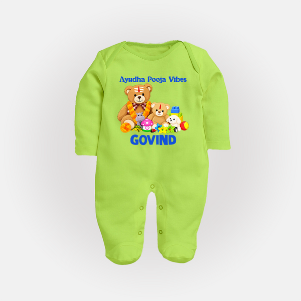 Ayudha Puja Teddy Blessings Full Body Suit - LIME GREEN - New Born (Chest 7.5")