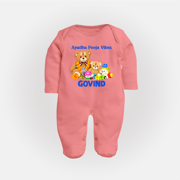 Ayudha Puja Teddy Blessings Full Body Suit - PEACH - New Born (Chest 7.5")
