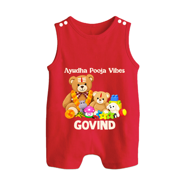 Ayudha Puja Teddy Blessings Button Romper - RED - New Born (Chest 18")
