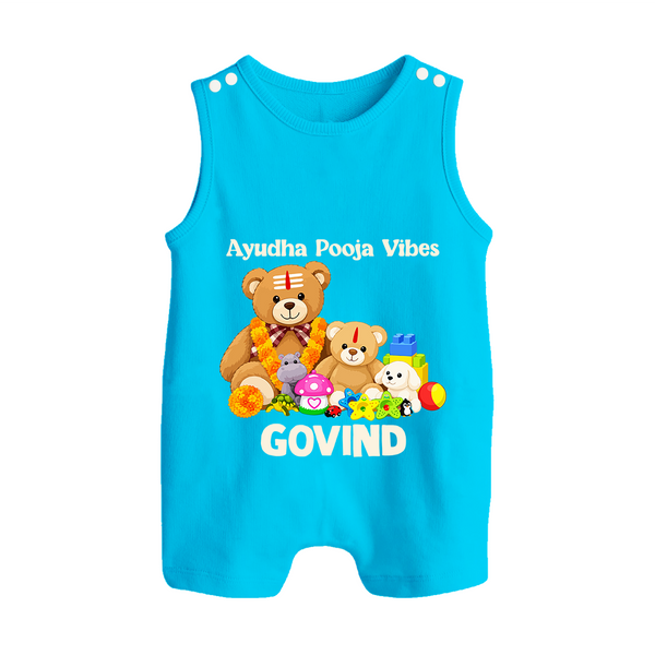 Ayudha Puja Teddy Blessings Button Romper - SKY BLUE - New Born (Chest 18")