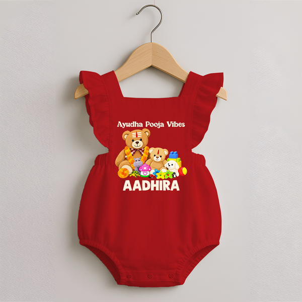 Ayudha Puja Teddy Blessings Romper Frock - RED - 0 - 3 Months Old (Chest 19")