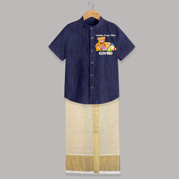 Ayudha Puja Teddy Blessings Shirt and Dhoti - DARK BLUE - 0 - 6 Months Old (Chest-23") (Dhoti length-14")