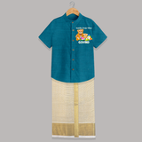 Ayudha Puja Teddy Blessings Shirt and Dhoti - PEACOCK BLUE - 0 - 6 Months Old (Chest-23") (Dhoti length-14")