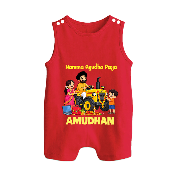 Namma Ayudha Puja Family Celebration Button Romper - RED - New Born (Chest 18")