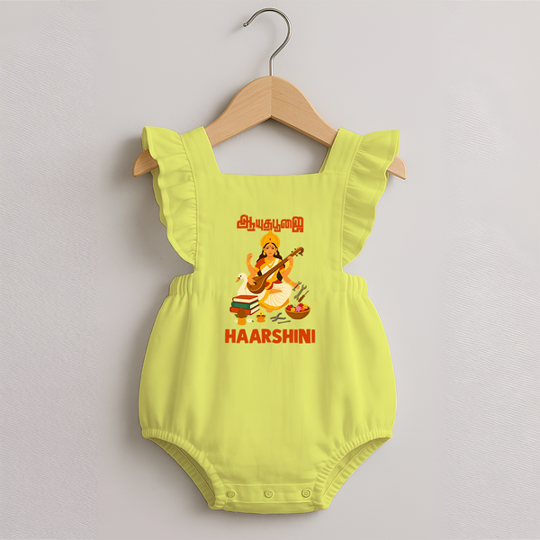  Ayudha Puja Goddess Saraswati Blessings Romper Frock - PASTEL YELLOW - 0 - 3 Months Old (Chest 19")