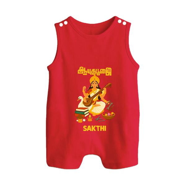 Ayudha Puja Goddess Saraswati Blessings Button Romper - RED - New Born (Chest 18")
