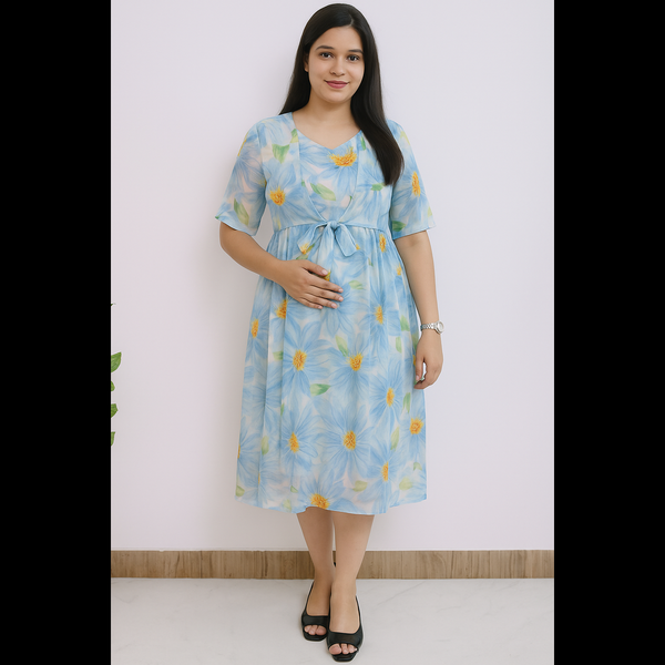 Floral Sky Blue Dress with Tie-Up Waist