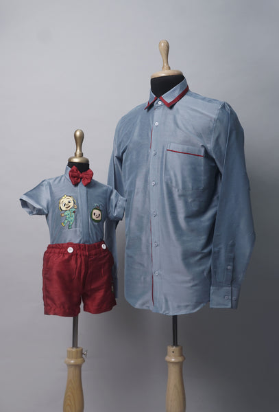 Father and son matching festive shirt set in blue and maroon with embroidery