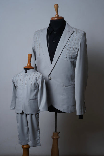 Father and Son Matching Grey Blazer with Silver Embellishments – Front View on Mannequins