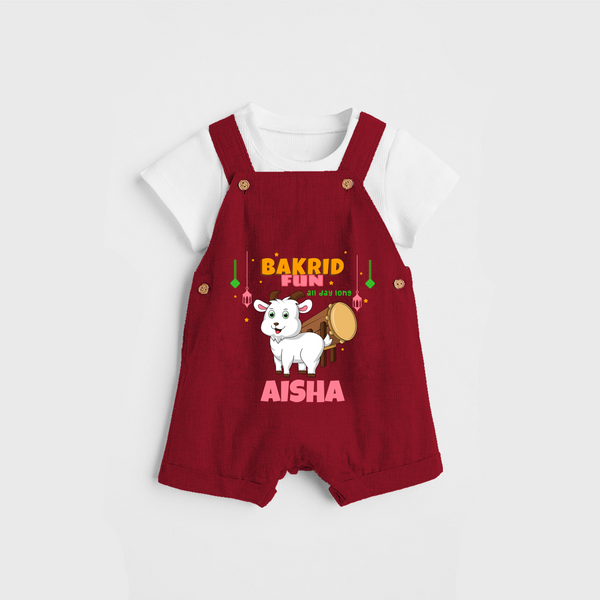 Celebrate The "Bakrid Fun All Day Long" Themed Personalized Kids Dungaree set - RED - 0 - 5 Months Old (Chest 17")