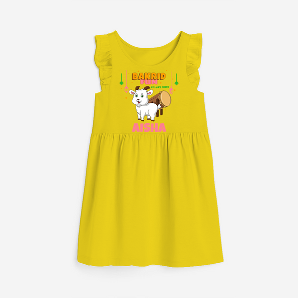 Celebrate The "Bakrid Fun All Day Long" Themed Personalized Frock for Baby girls - YELLOW - 0 - 6 Months Old (Chest 18")