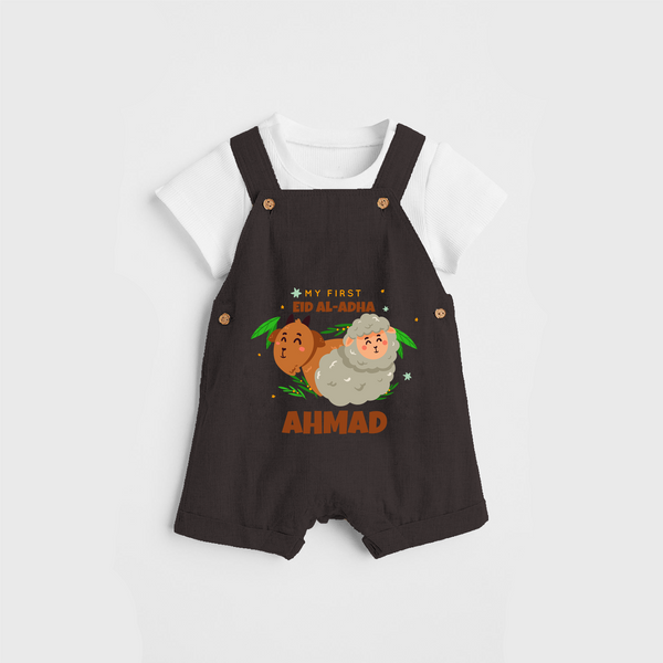 Celebrate The "My First EID AL-ADHA" Themed Personalized Kids Dungaree set - CHOCOLATE BROWN - 0 - 5 Months Old (Chest 17")