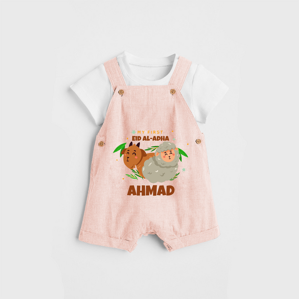 Celebrate The "My First EID AL-ADHA" Themed Personalized Kids Dungaree set - PEACH - 0 - 5 Months Old (Chest 17")