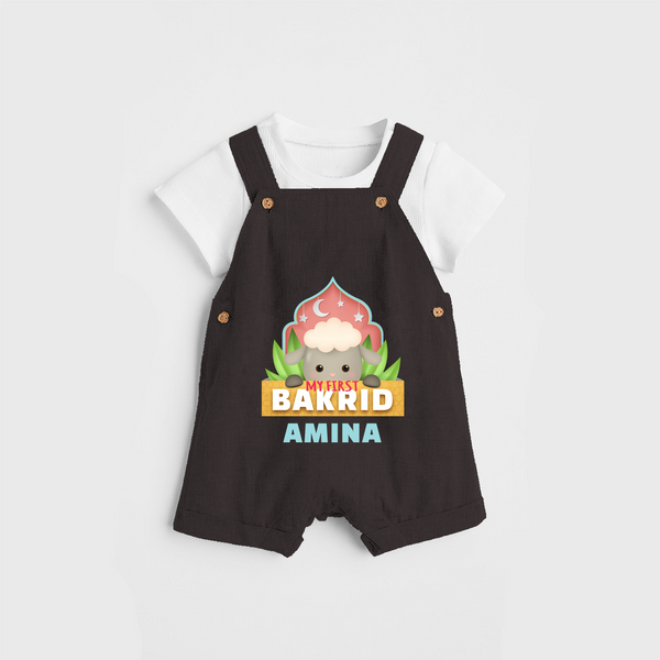 Celebrate The "My First Bakrid" Themed Personalized Kids Dungaree set - CHOCOLATE BROWN - 0 - 5 Months Old (Chest 17")