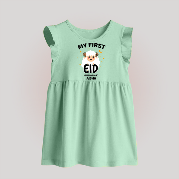 My First Eid Personalized Kids  Baby frock – Custom Name Edition - MINT GREEN - 0 - 3 Months Old (Chest 17")