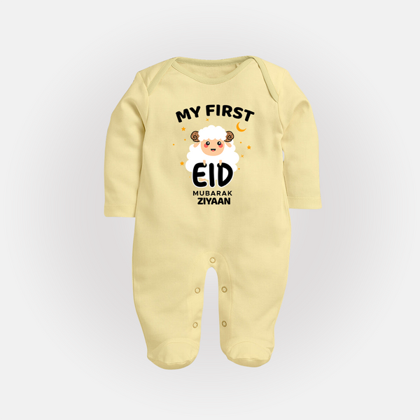 My First Eid Personalized Kids  Fullbody suit – Custom Name Edition - PASTEL YELLOW - New Born (Chest 7.5")