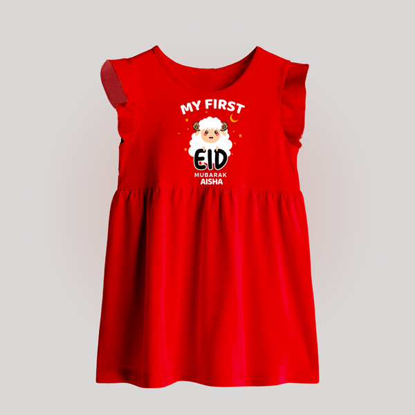 My First Eid Personalized Kids  Baby frock – Custom Name Edition - RED - 0 - 3 Months Old (Chest 17")