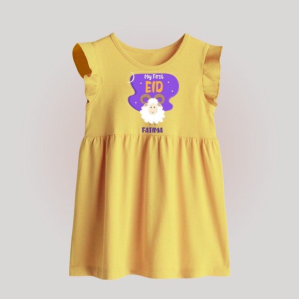 My First Eid Mubarak Customized  Baby frock – Premium Festive Wear - PASTEL YELLOW - 0 - 3 Months Old (Chest 17")