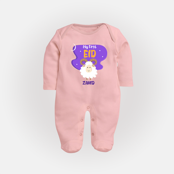 My First Eid Mubarak Customized  Fullbody suit – Premium Festive Wear - BABY PINK - New Born (Chest 7.5")