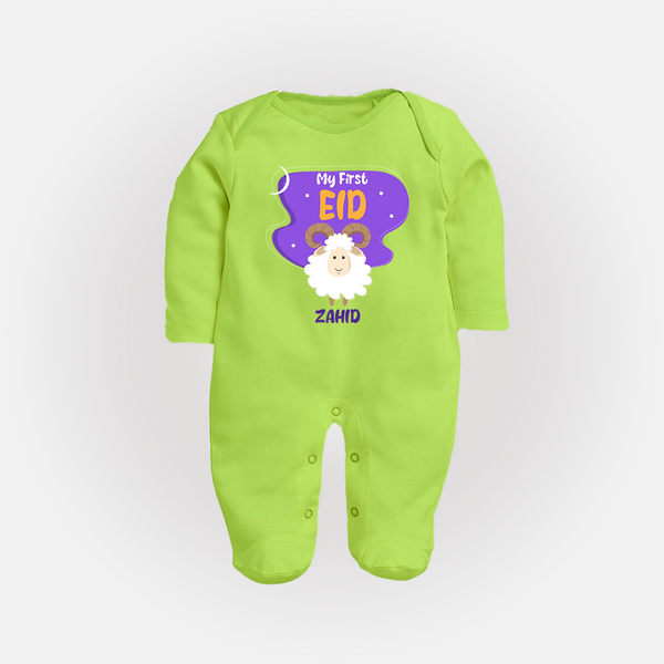 My First Eid Mubarak Customized  Fullbody suit – Premium Festive Wear - LIME GREEN - New Born (Chest 7.5")