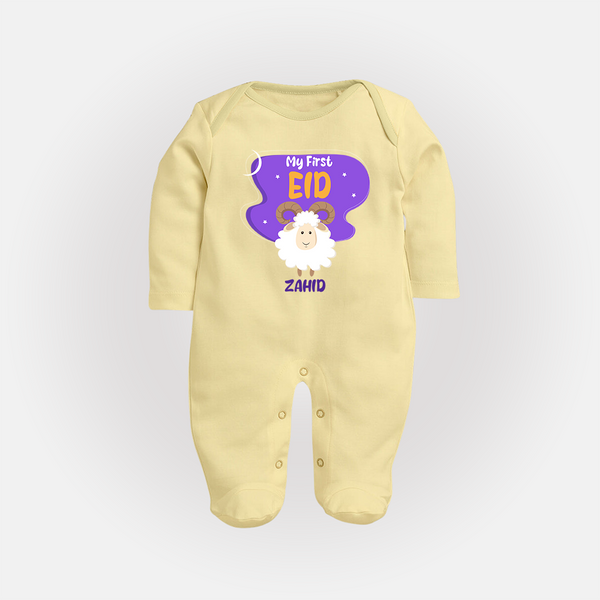 My First Eid Mubarak Customized  Fullbody suit – Premium Festive Wear - PASTEL YELLOW - New Born (Chest 7.5")