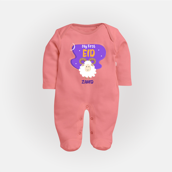 My First Eid Mubarak Customized  Fullbody suit – Premium Festive Wear - PEACH - New Born (Chest 7.5")